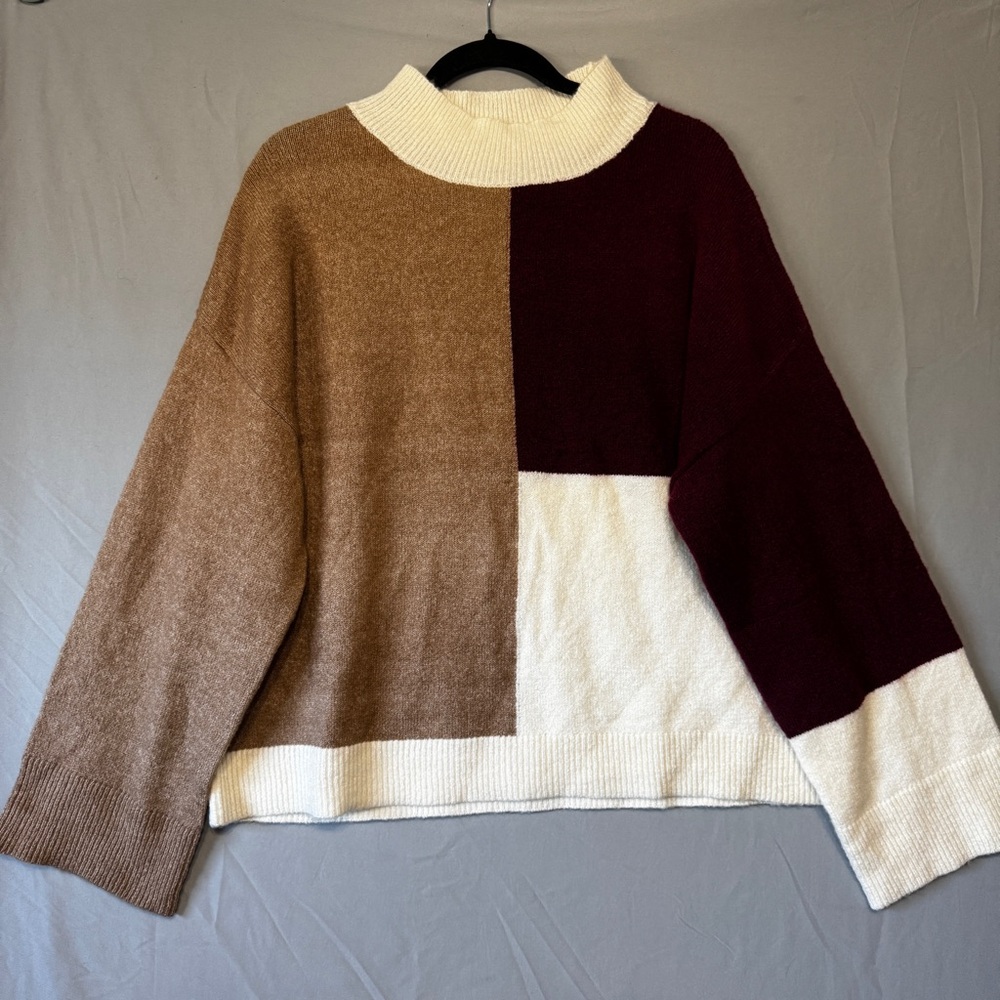 Blu Pepper Colorblock Cowl Neck Sweater in Brown, Burgundy & Cream